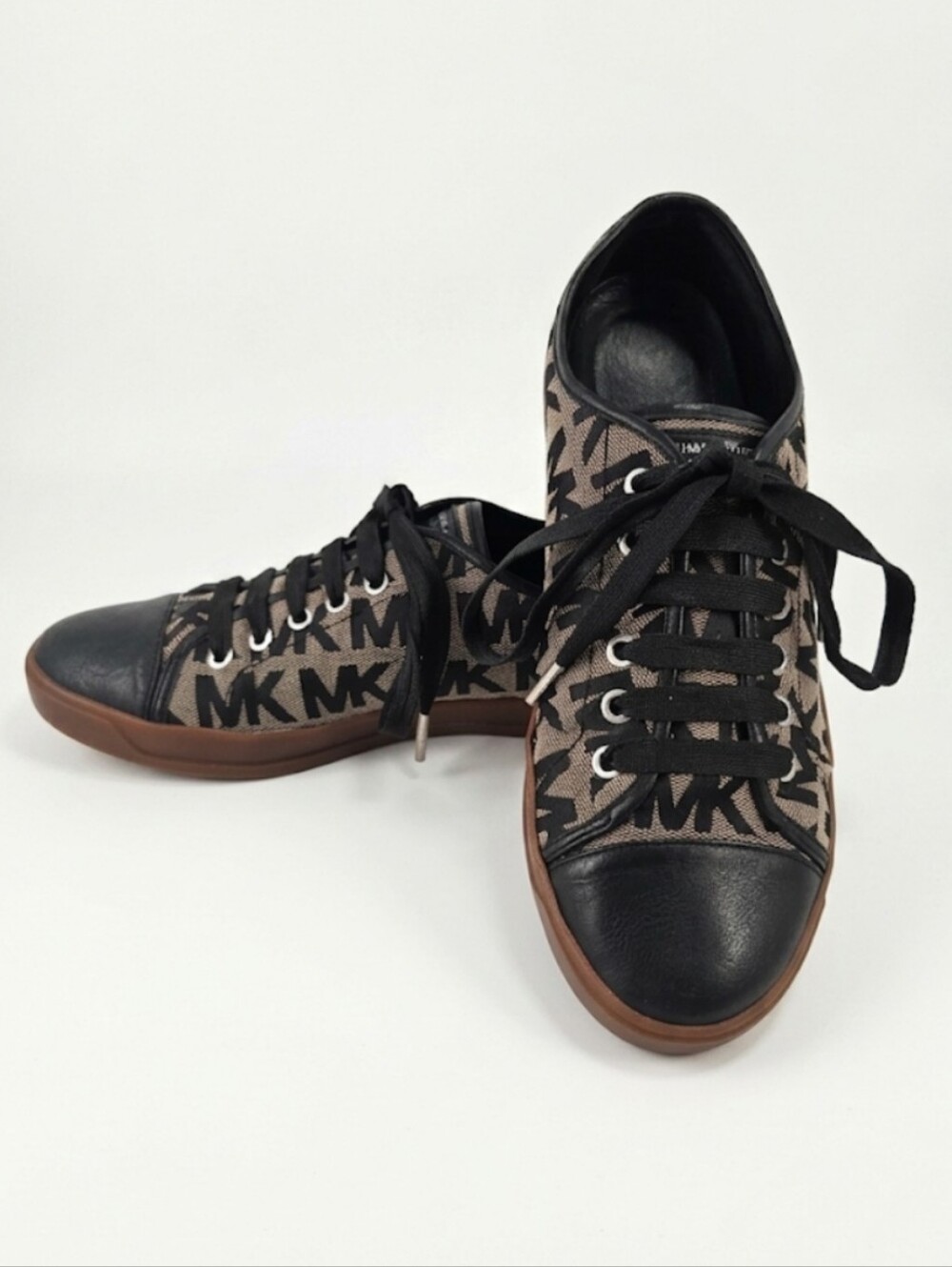 Men's Michael Kors Signature Monogram Lace Up Sneakers Black 9.5 Flawed